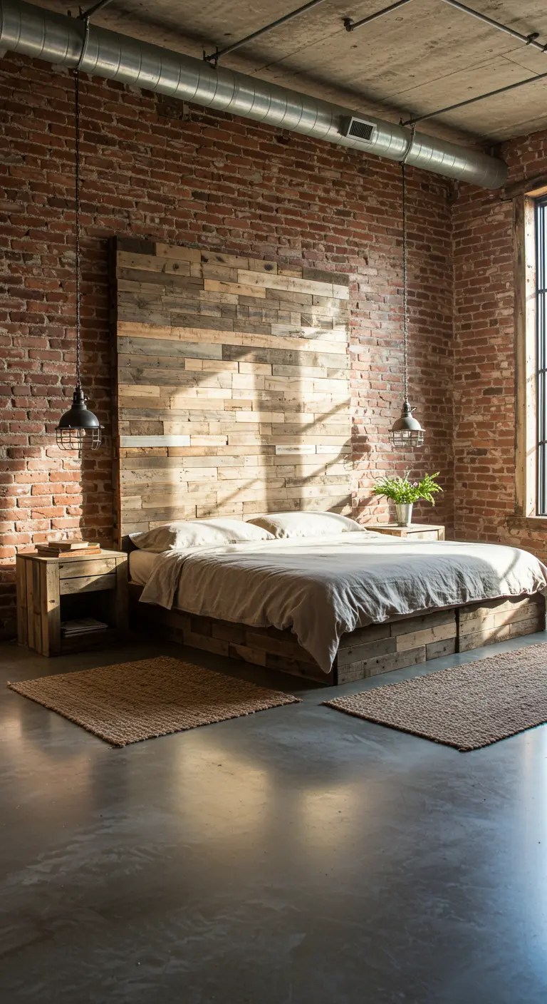 Tête de lit DIY en bois de récupération dans une chambre de style industriel avec mur en briques.