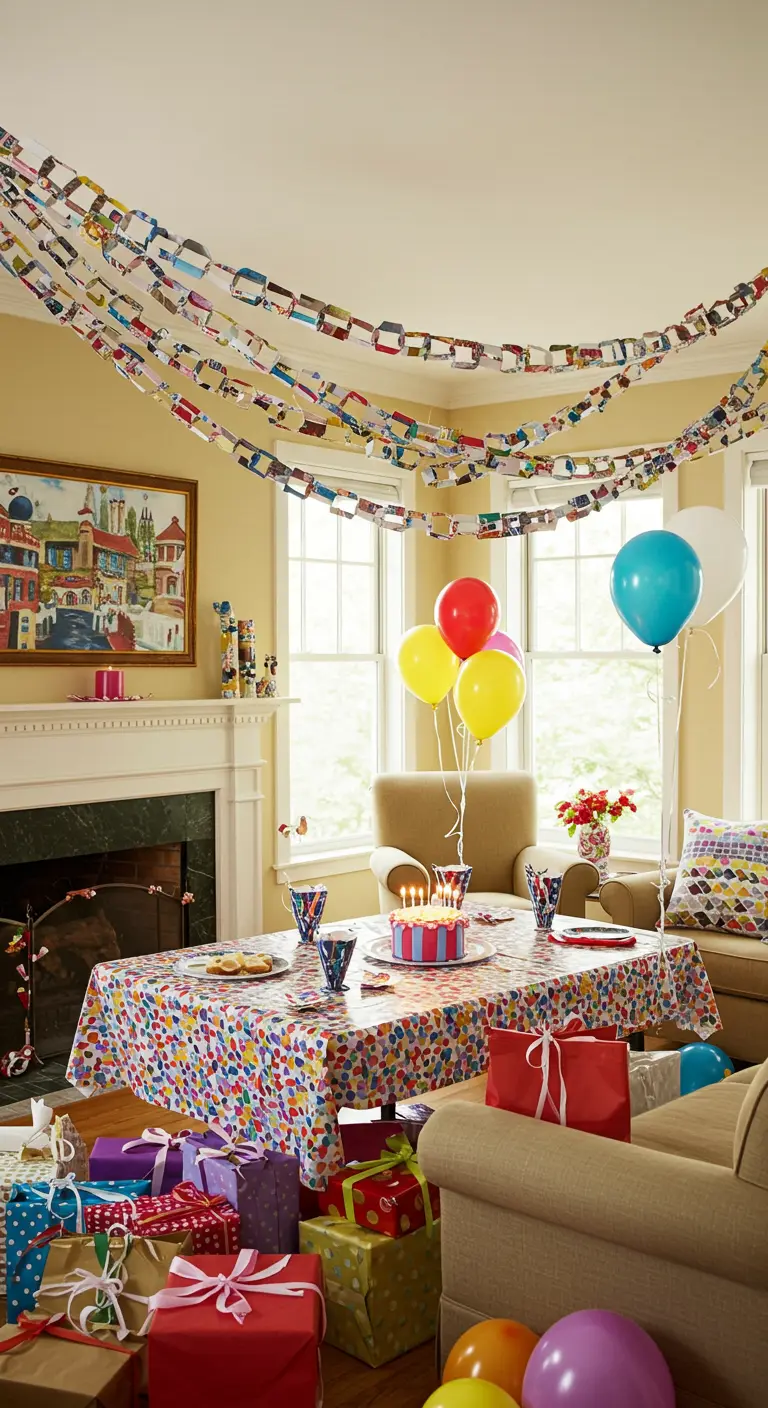 Chaînes de guirlandes faites de cartes de vœux colorées suspendues au plafond d'un salon en fête.