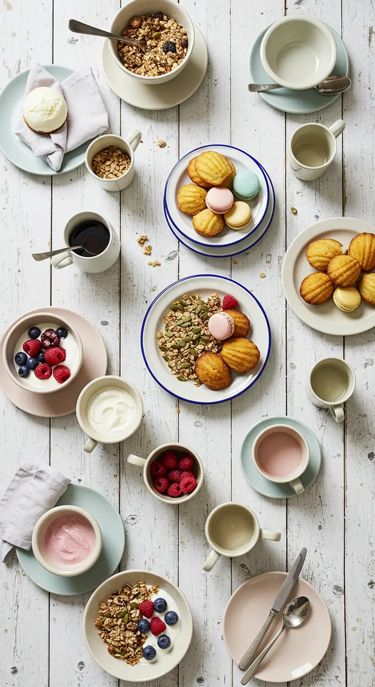 Vue de dessus d'un brunch avec granola et fruits dans des bols pastel.