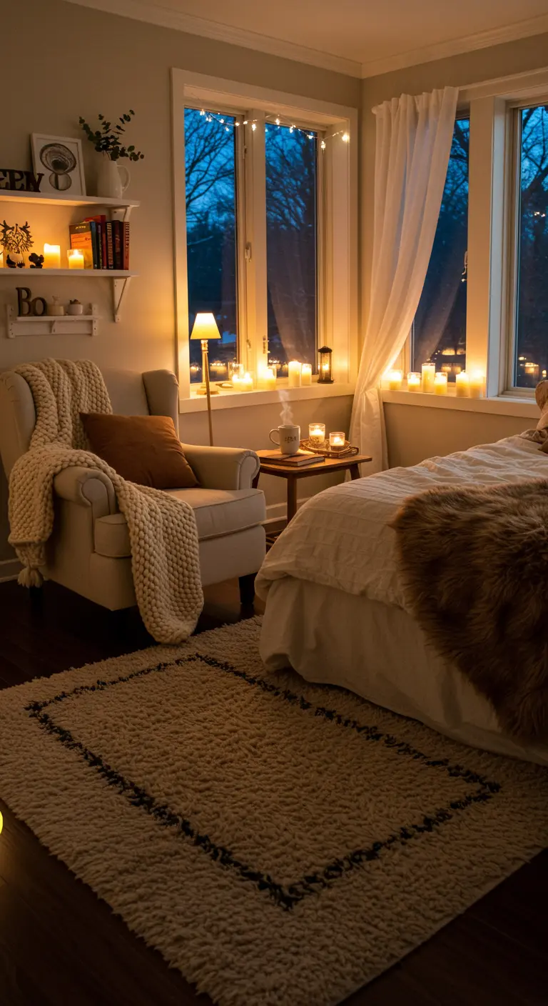 Chambre cosy avec un fauteuil, un tapis épais et de nombreuses bougies LED sur les rebords de fenêtre.