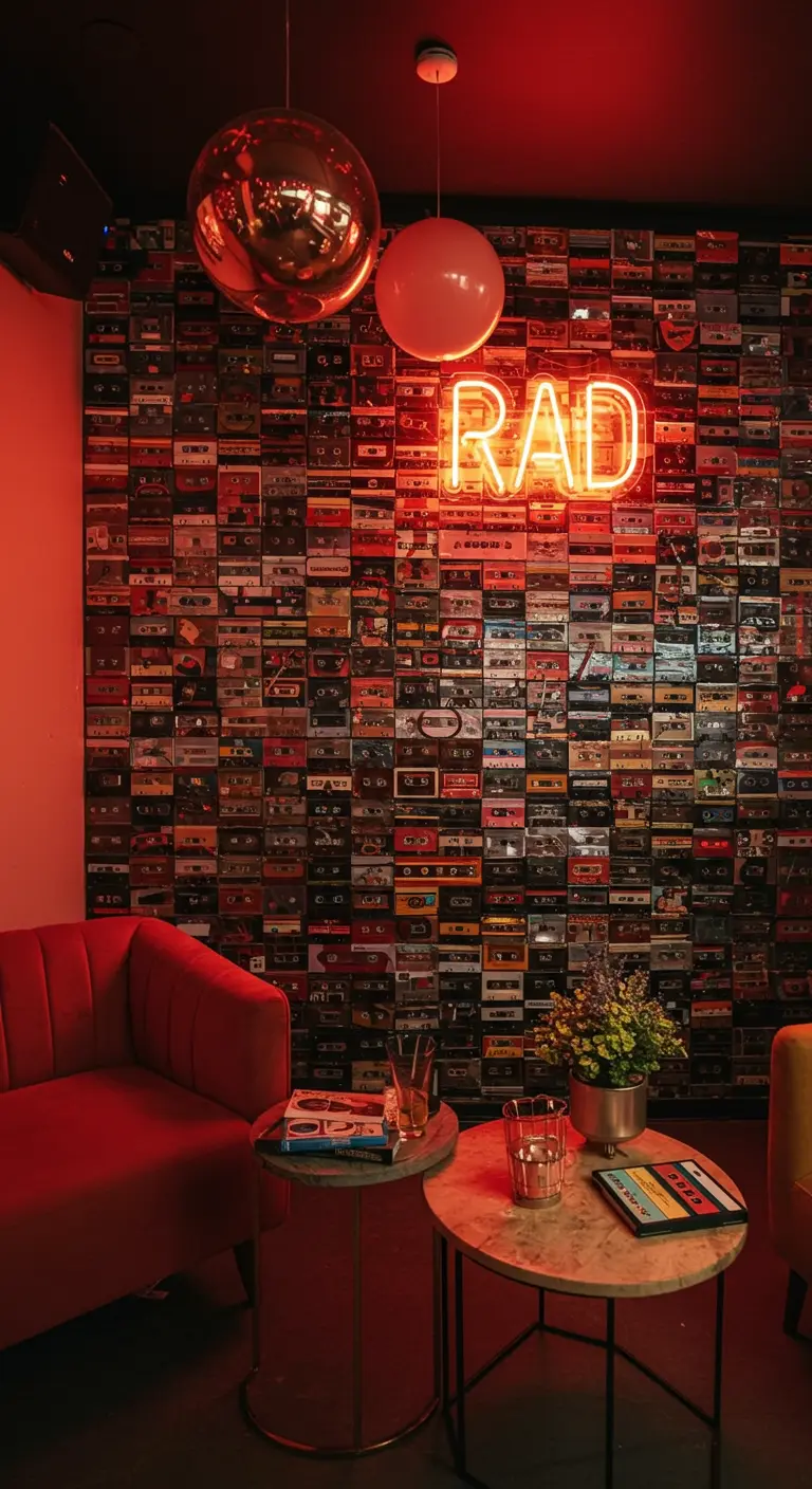 Mur entièrement recouvert de cassettes audio avec un néon rouge « RAD ».