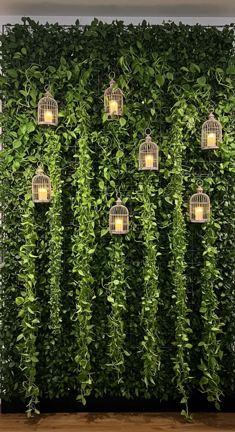 Mur végétal luxuriant avec des petites cages à oiseaux décoratives contenant des bougies LED.