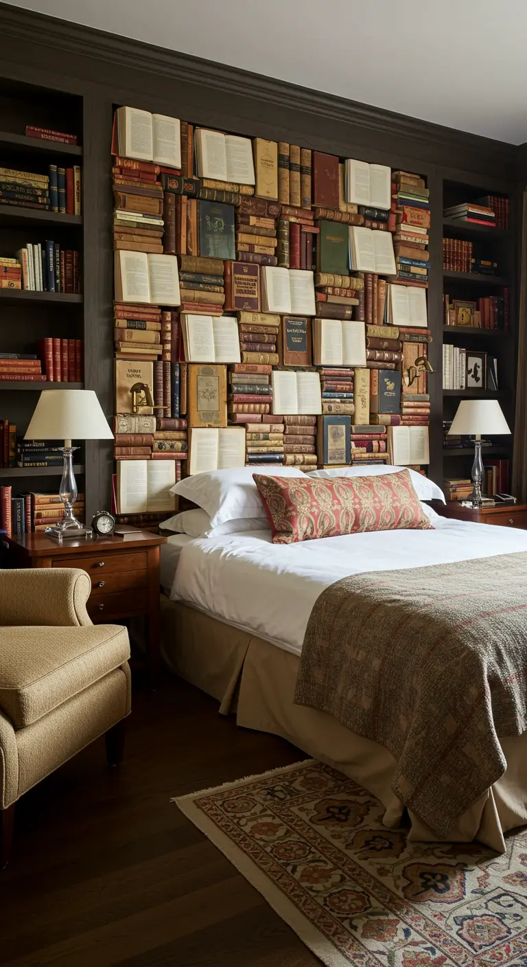 Une tête de lit spectaculaire composée de dizaines de livres anciens ouverts et fermés.