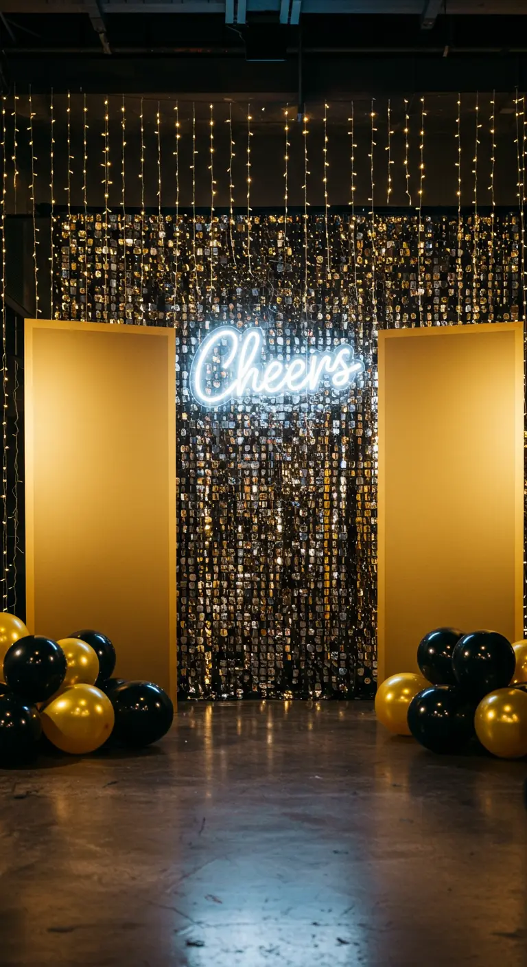 Toile de fond avec mur de sequins, néon 'Cheers' et ballons noirs et dorés.
