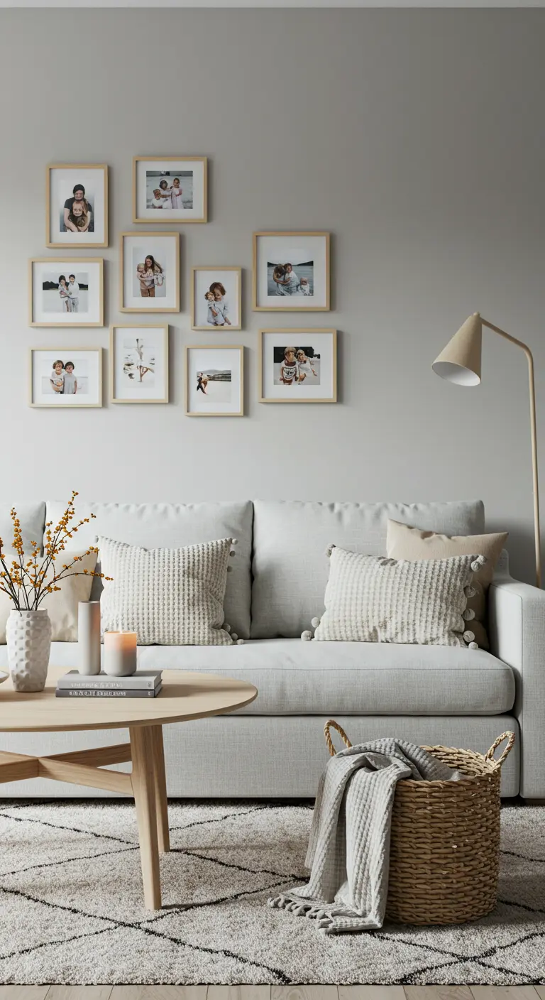 Mur de cadres avec photos de famille au-dessus d'un canapé gris clair, style scandinave.
