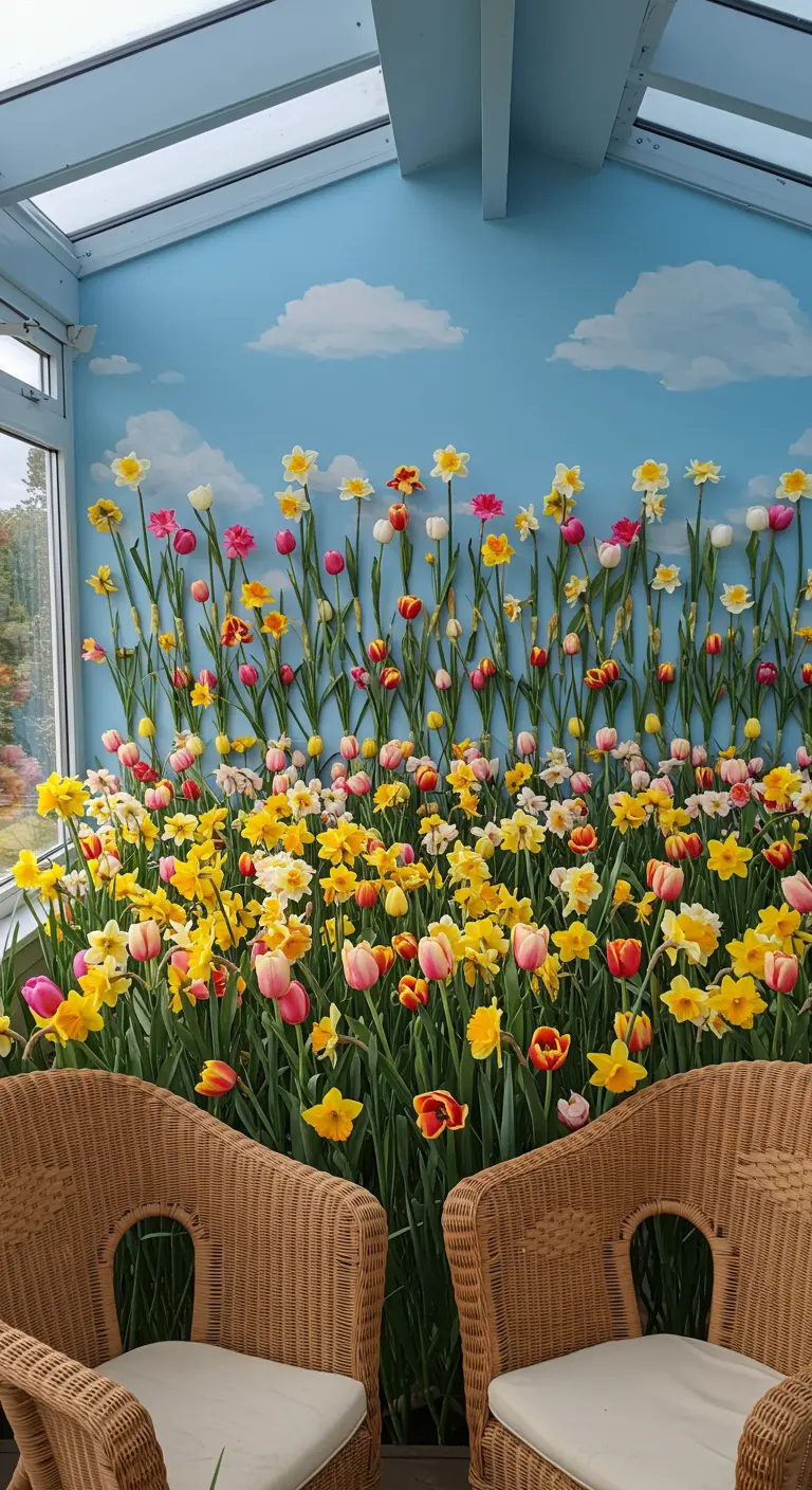 Un mur entier recouvert de tulipes et de jonquilles artificielles colorées.