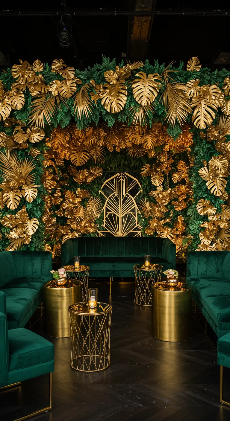 Mur végétal opulent avec des feuilles de monstera vertes et dorées, devant un canapé en velours.