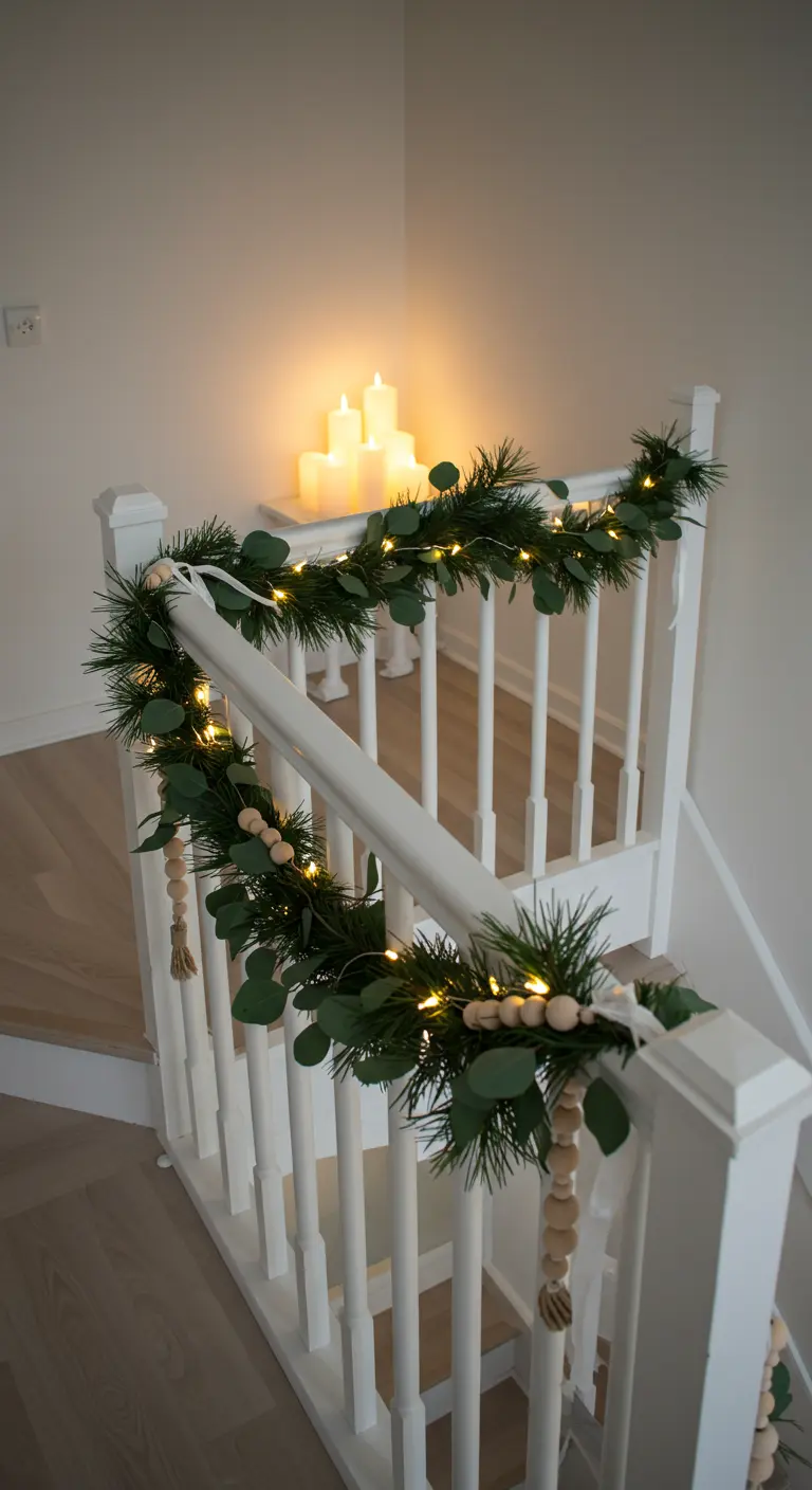 Décoration d'escalier minimaliste avec guirlande de sapin, lumières et perles de bois.