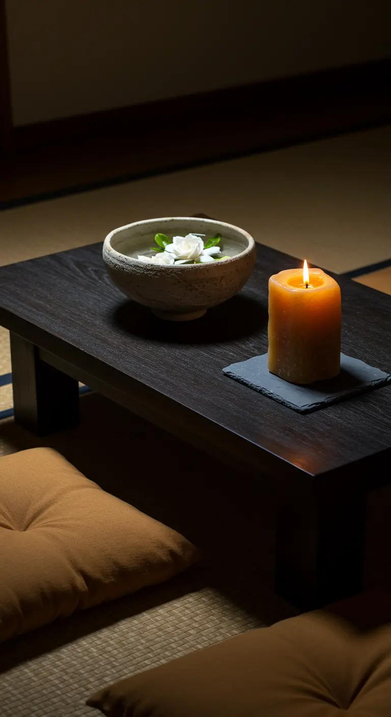 Grosse bougie allumée à côté d'un bol en céramique avec des fleurs blanches sur une table basse.