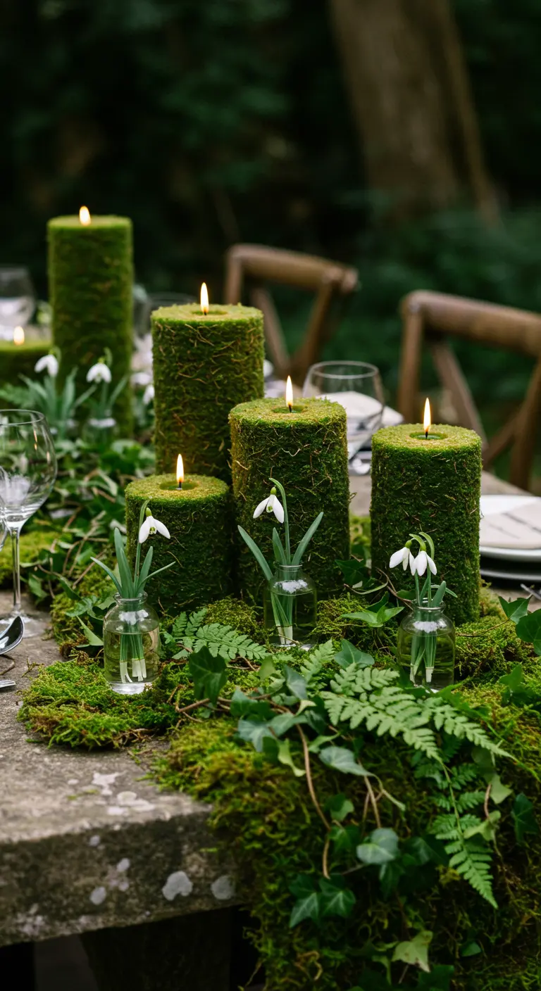 Bougies piliers recouvertes de mousse, entourées de perce-neige dans de petits vases.