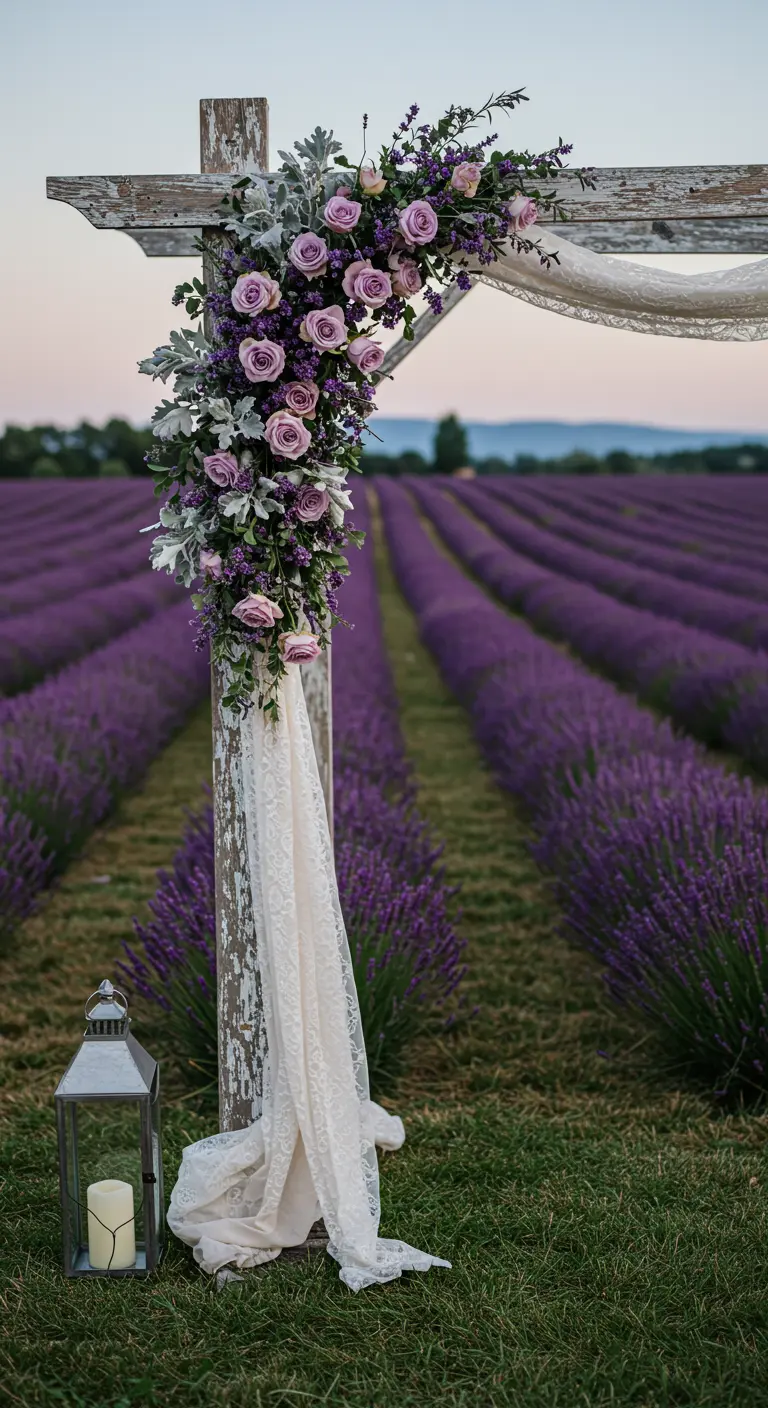 Poteau en bois blanc décoré de roses lavande dans un champ de lavande.