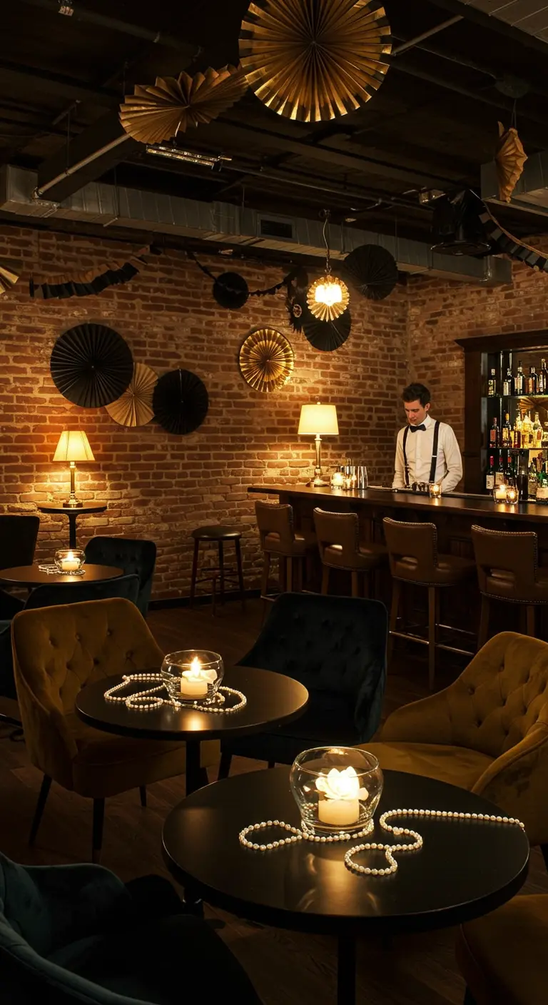 Bar d'ambiance speakeasy avec des rosaces en papier au plafond et des perles sur les tables.
