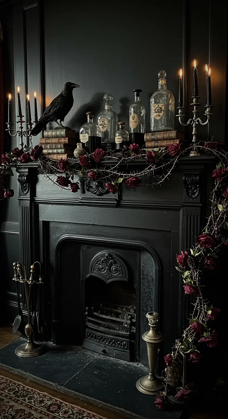 Décoration d'Halloween gothique sur une cheminée noire avec un corbeau, des livres et des roses.