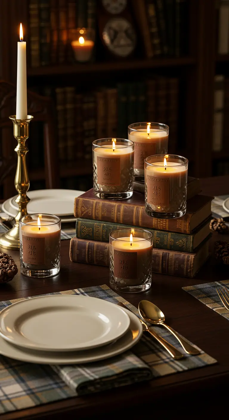 Bougies parfumées posées sur une pile de livres anciens dans une bibliothèque.