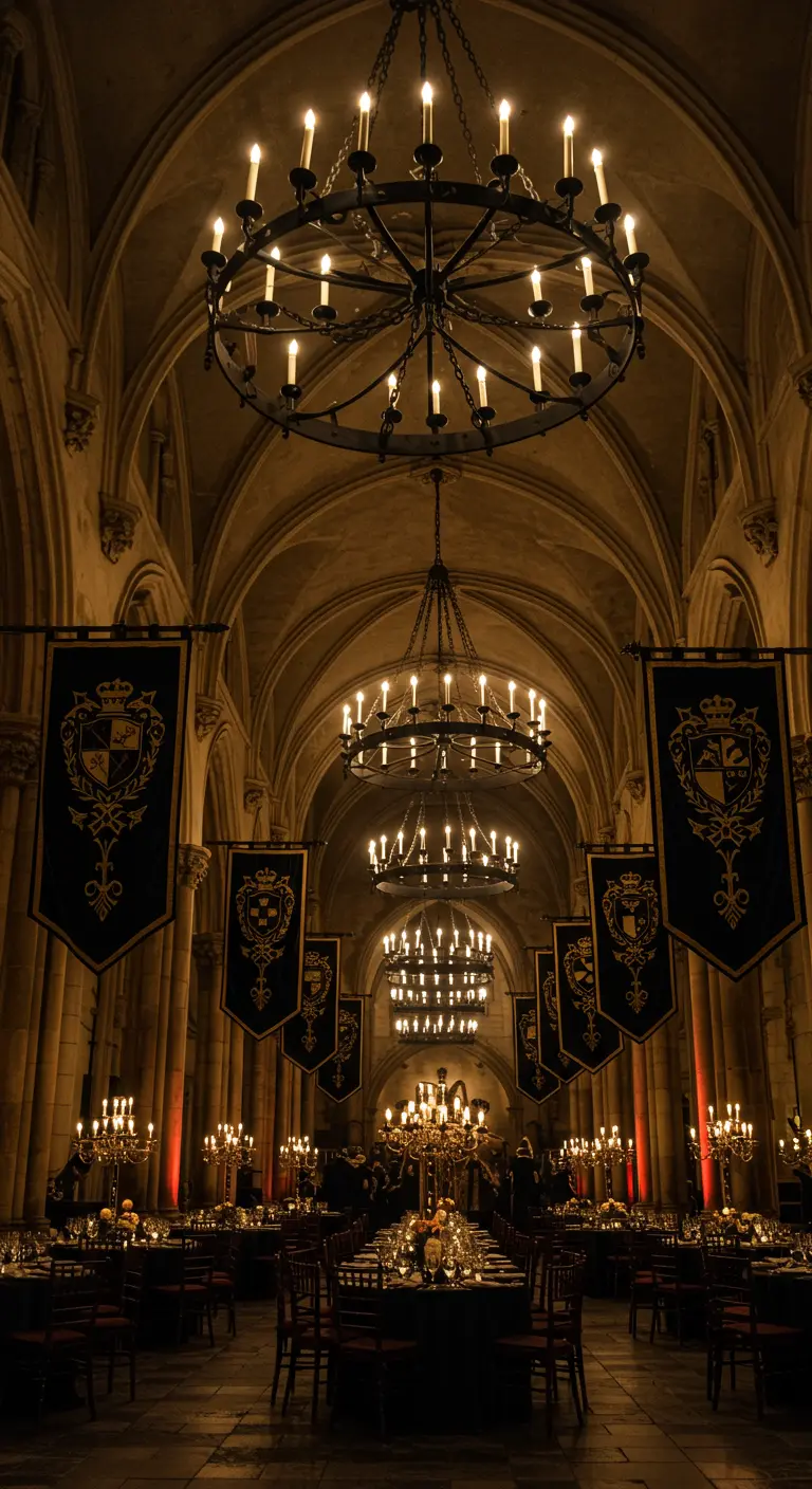 Salle de réception de style gothique avec des voûtes, des lustres en fer et des bannières.