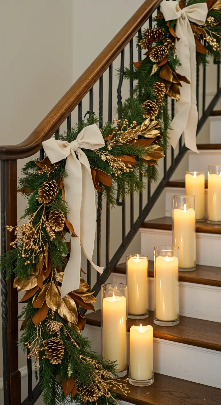 Décoration de rampe avec feuilles dorées, pommes de pin et grands nœuds en lin crème.