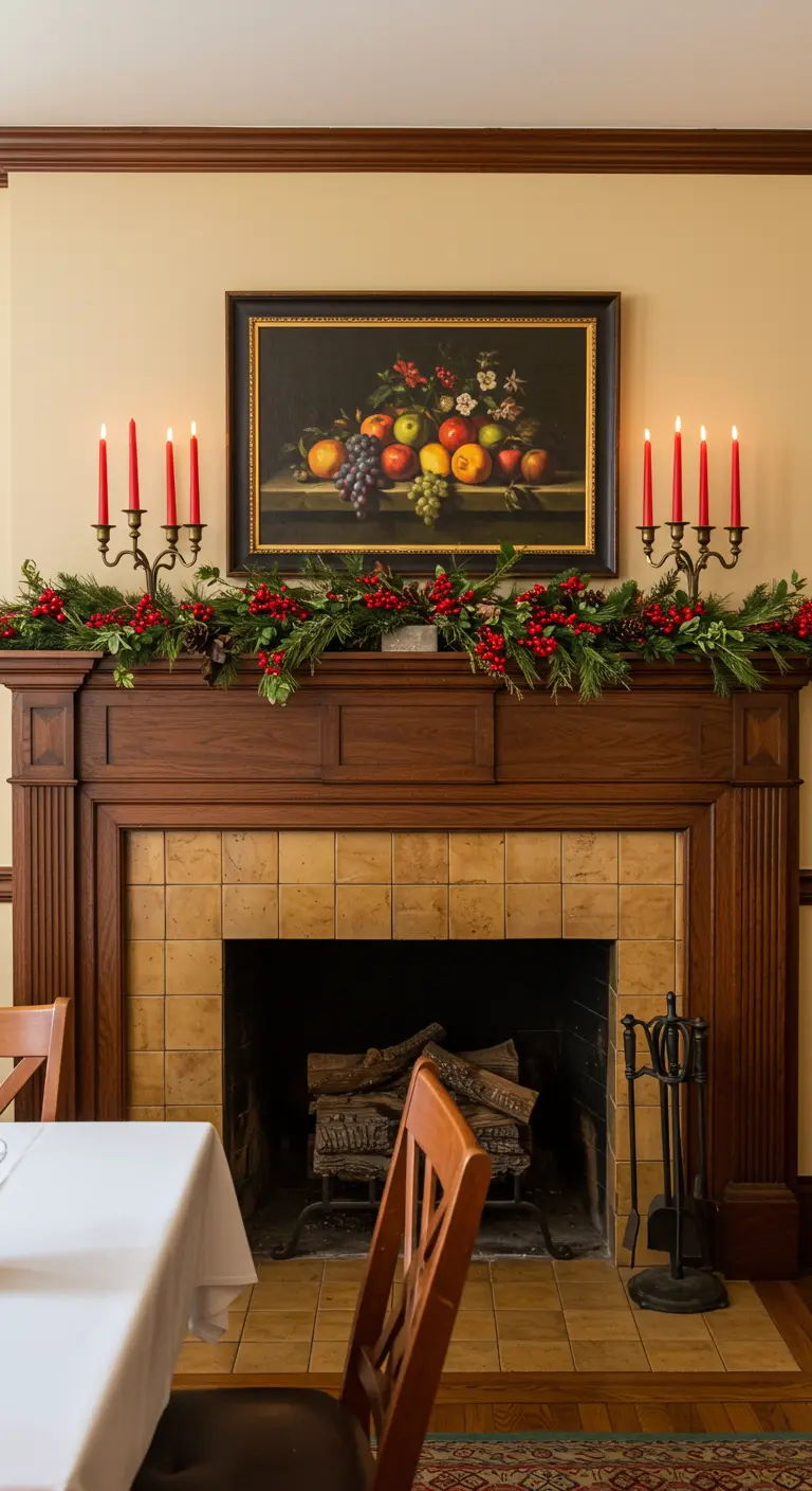 Cheminée en bois classique avec une peinture de nature morte, une guirlande et des candélabres.