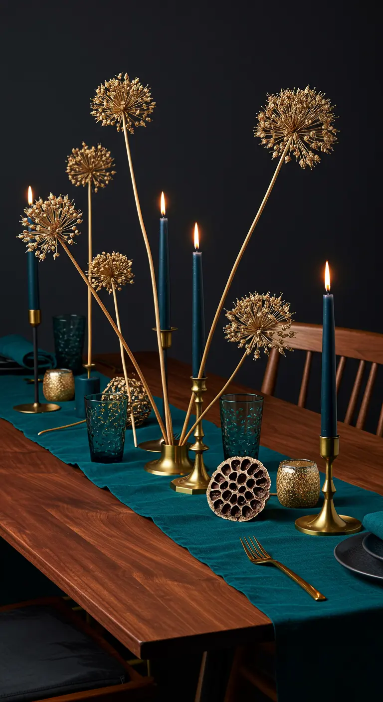 Centre de table moderne avec des fleurs séchées dorées et des bougies fines.