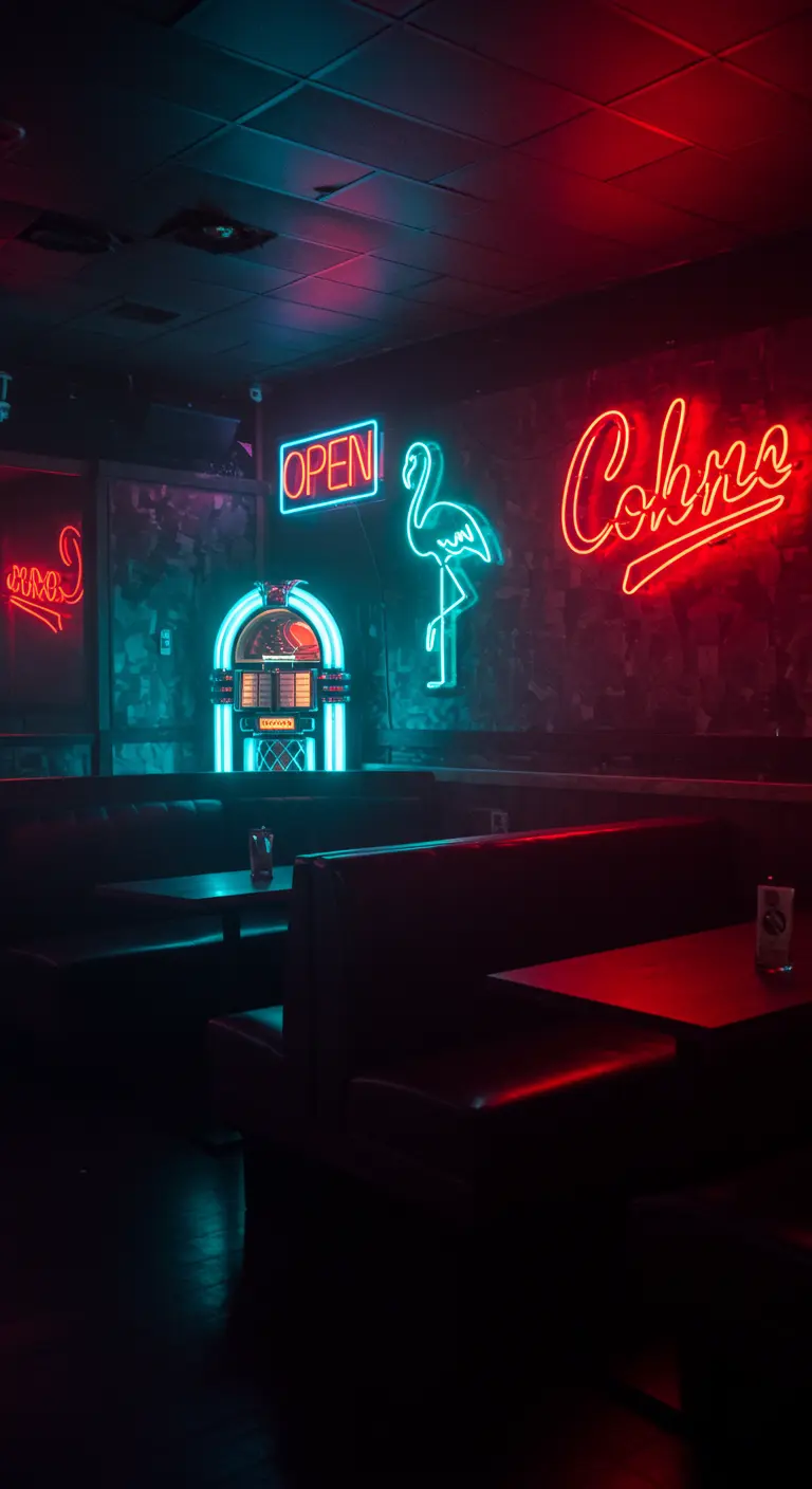 Bar sombre éclairé par des néons rouge et turquoise, dont un flamant rose.