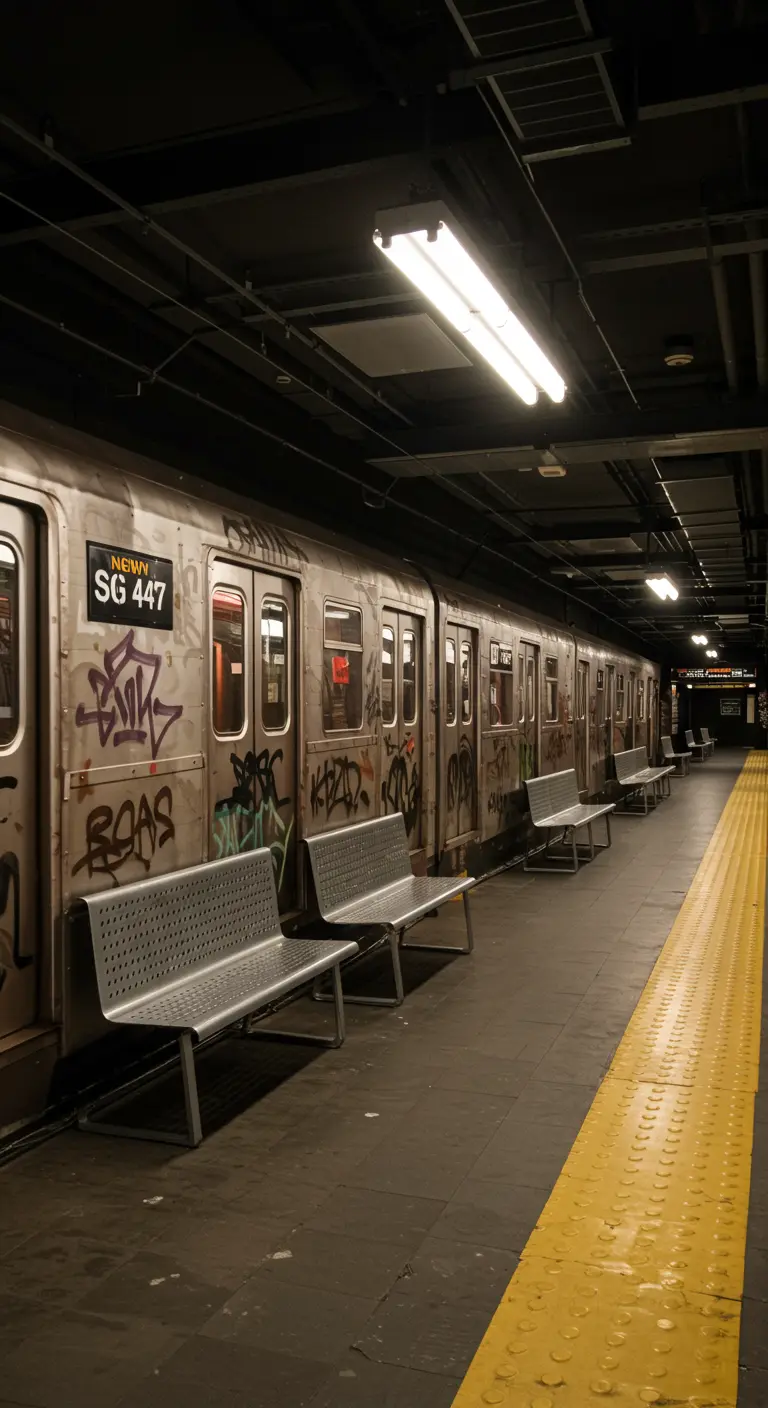 Quai de métro avec un wagon couvert de graffitis.