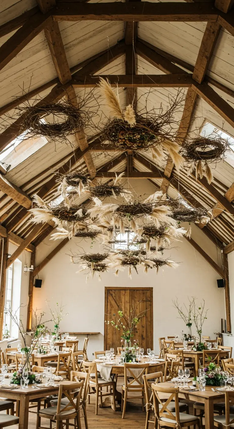 Plafond d'une grange rustique avec des couronnes de vigne et de pampa suspendues.