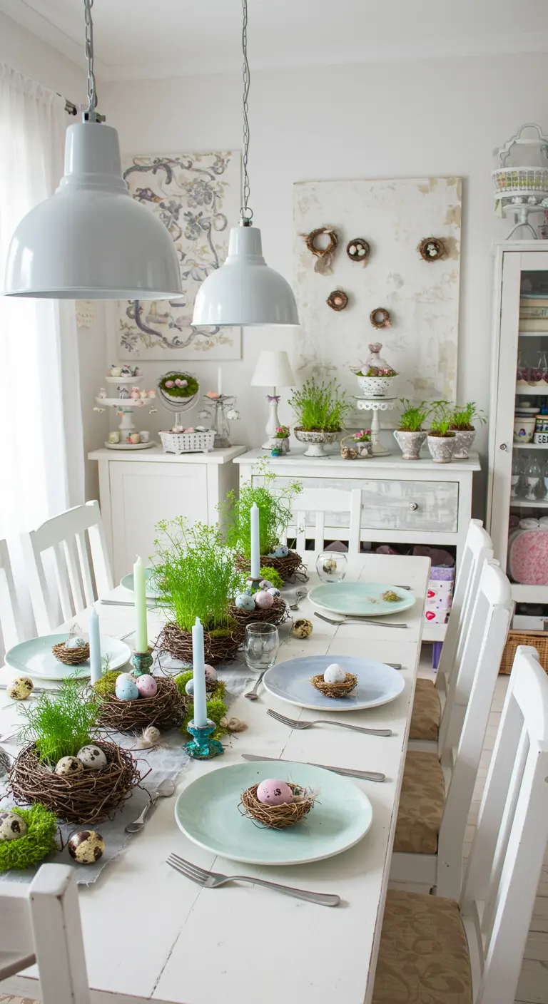 Table de Pâques blanche et lumineuse avec des nids contenant des œufs colorés et des centres de table en cresson.