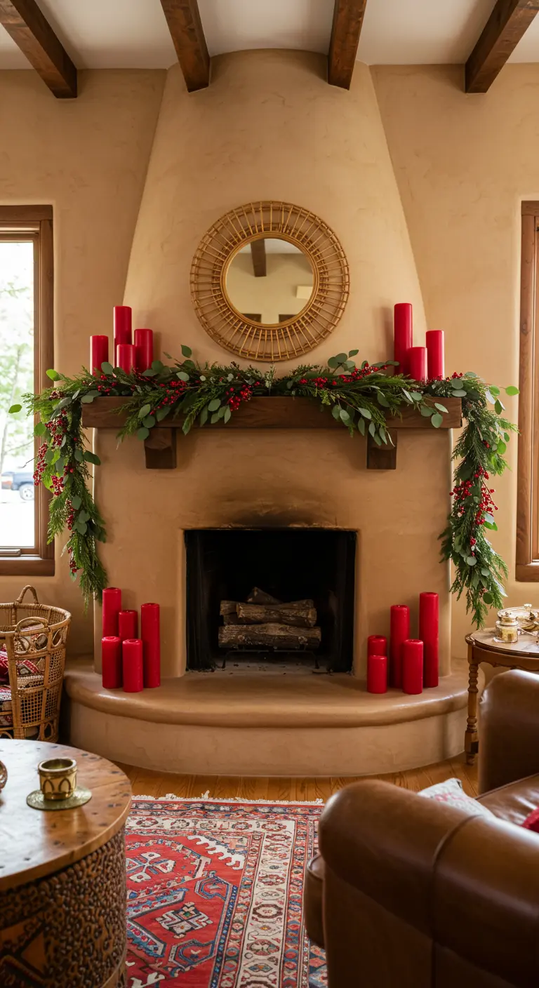 Cheminée de style adobe avec un miroir en rotin, une guirlande d'eucalyptus et de nombreuses bougies rouges.