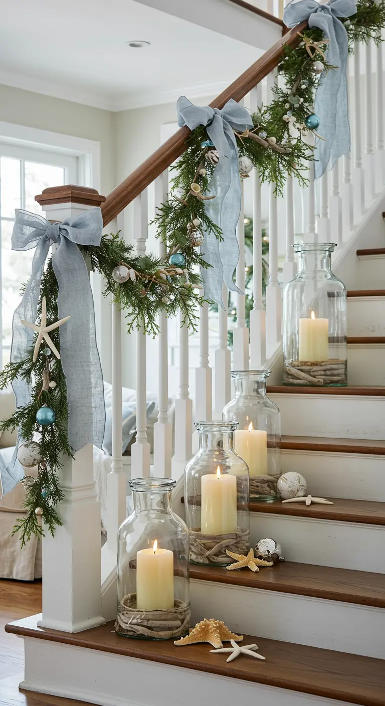 Décoration d'escalier de style côtier avec rubans bleus, étoiles de mer et lanternes.