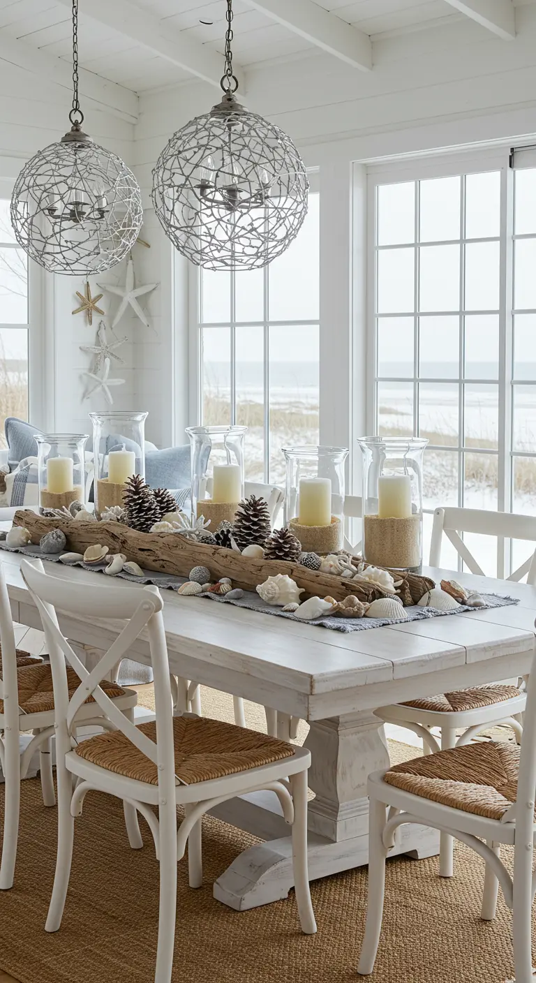 Centre de table côtier avec bois flotté, bougies, coquillages et pommes de pin.