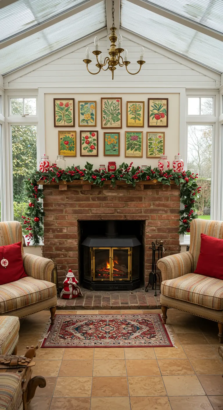 Cheminée en brique dans une véranda, décorée d'illustrations botaniques et de bonbonnières.