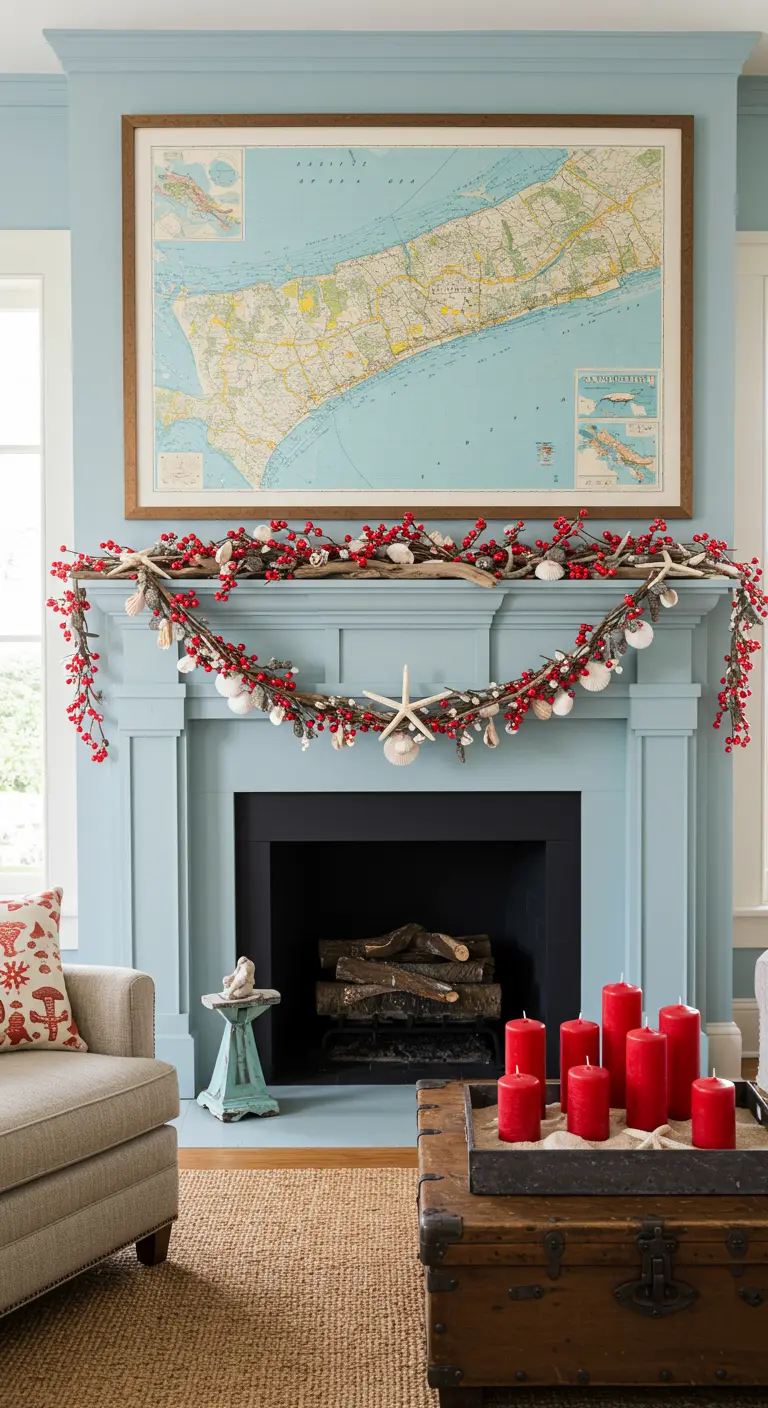 Cheminée bleu pastel avec une grande carte marine et une guirlande décorée de coquillages.