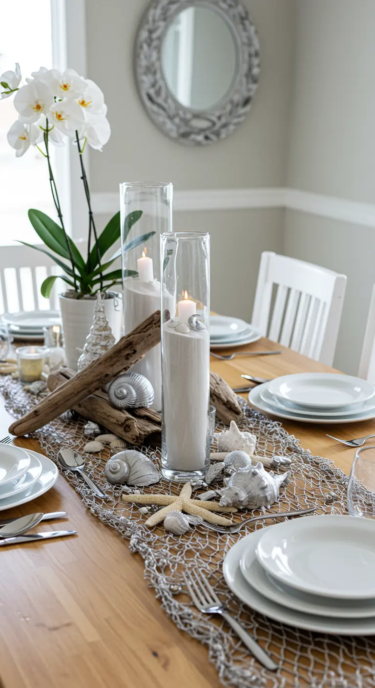 Table de fête sur le thème de la mer avec filet, coquillages, bois flotté et orchidée.