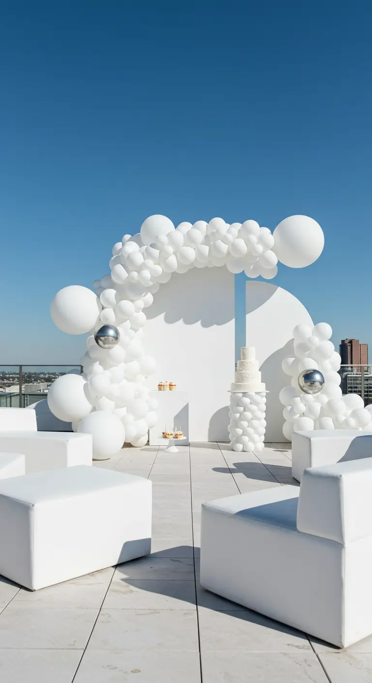Composition de ballons entièrement blancs de différentes tailles avec des sphères miroir sur un rooftop.