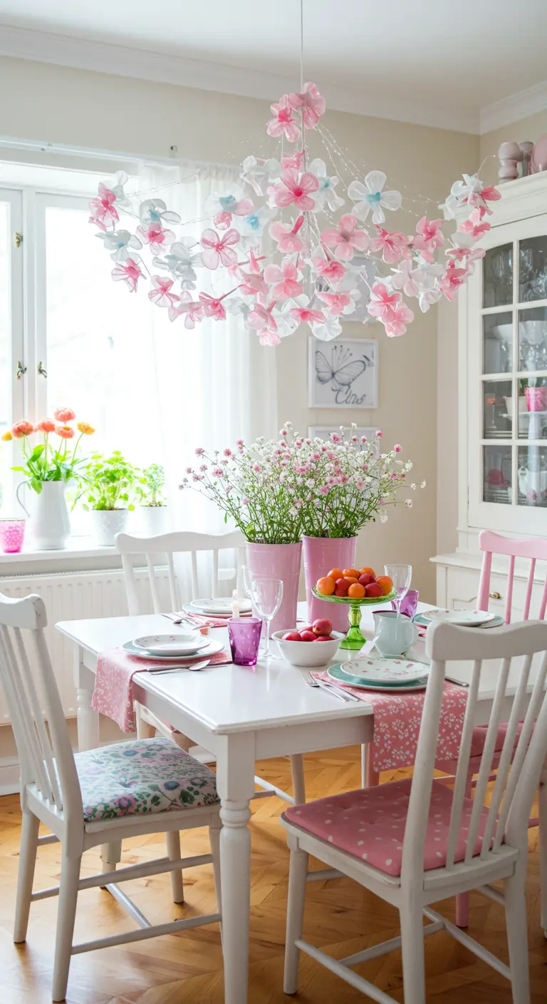 Lustre DIY fait de fleurs en plastique recyclé roses et blanches au-dessus d'une table à manger.