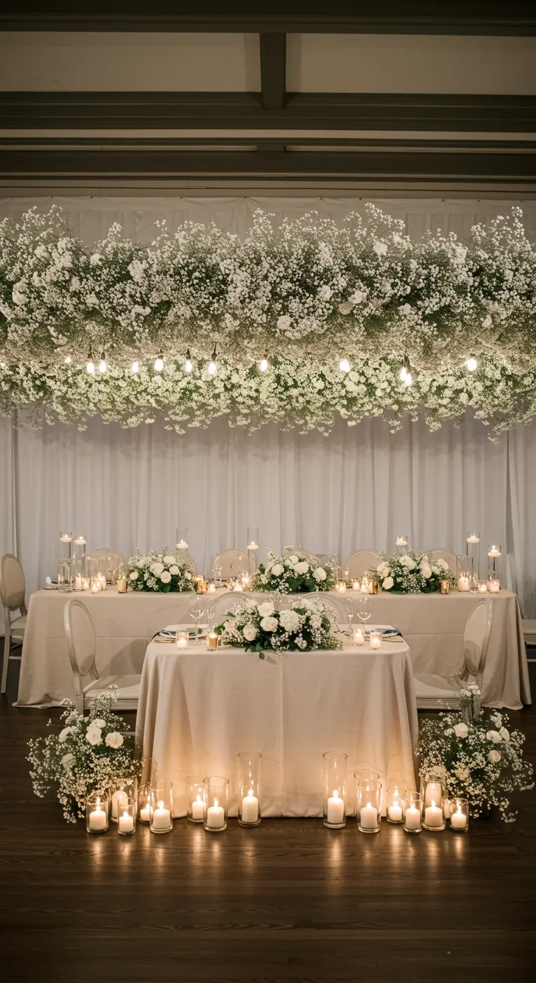 Plafond de gypsophile suspendu au-dessus d'une table de mariage.