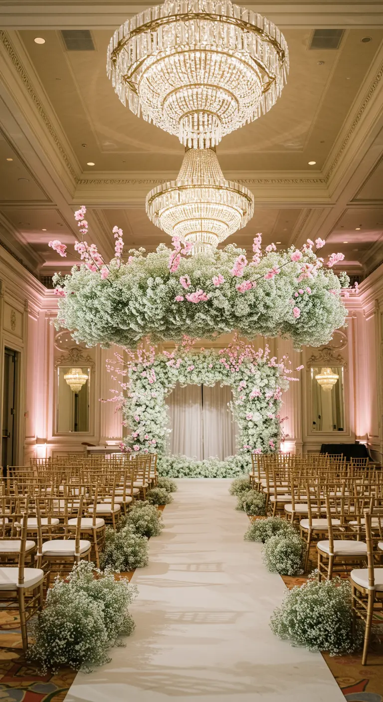 Arche de mariage et nuage floral suspendu en gypsophile dans une salle de bal.