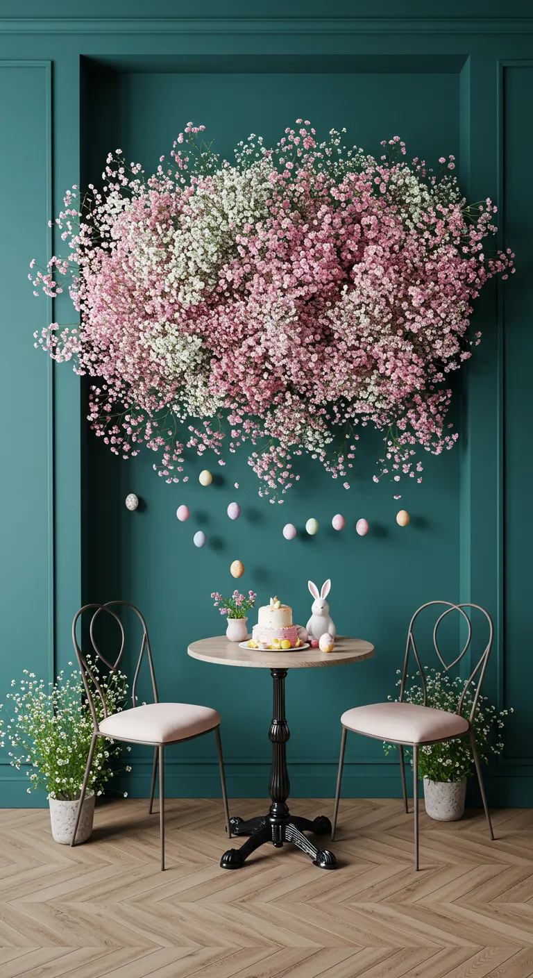 Grand nuage de gypsophile rose et blanc au-dessus d'une table de bistrot.