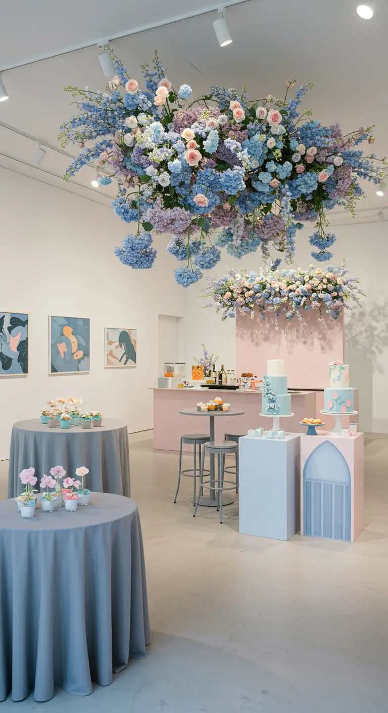 Suspension florale massive dans les tons bleu et rose au-dessus d'un buffet d'anniversaire.