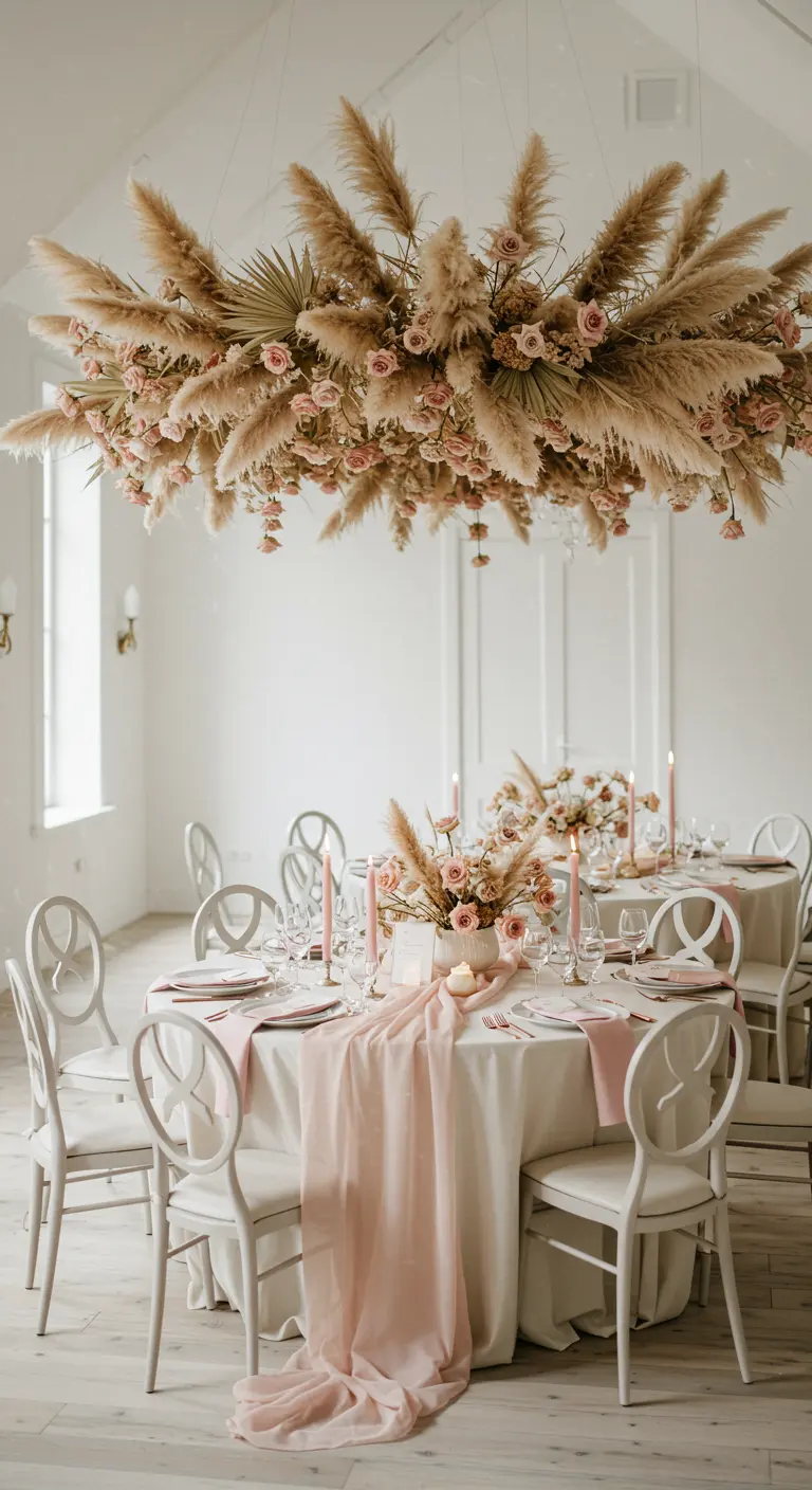 Table de mariage ronde avec un immense lustre de pampa et de roses roses suspendu.