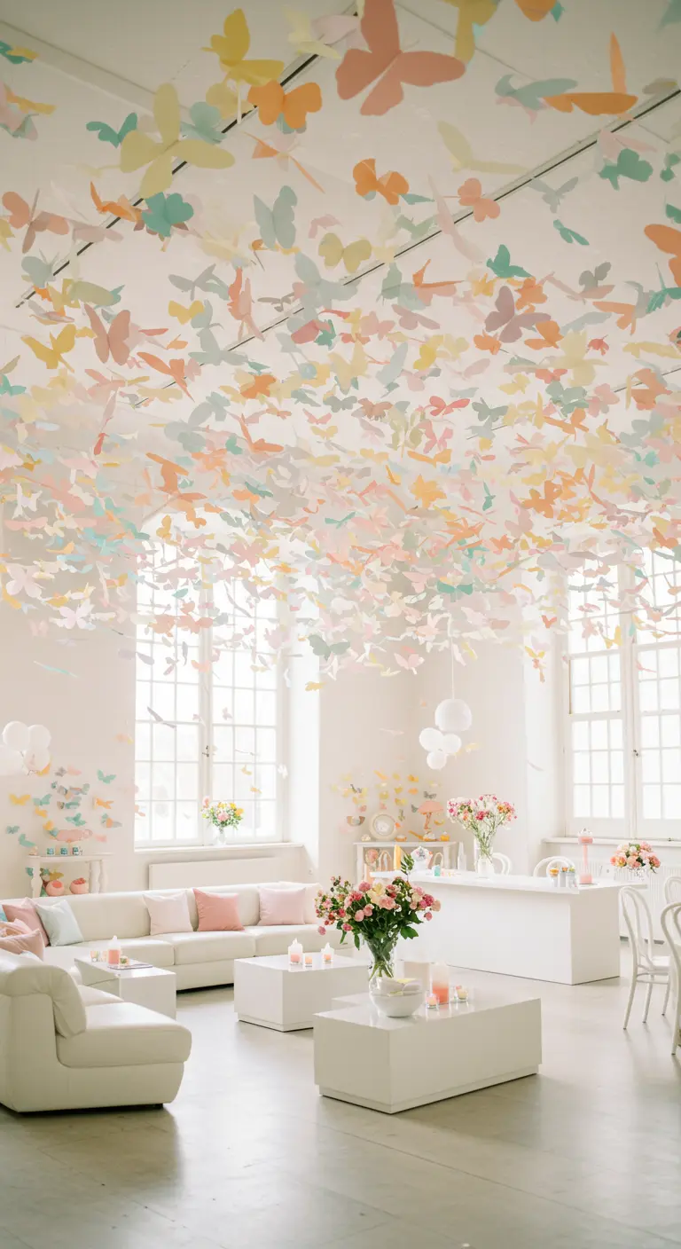 Plafond d'un salon blanc couvert de centaines de papillons en papier de couleur pastel suspendus.