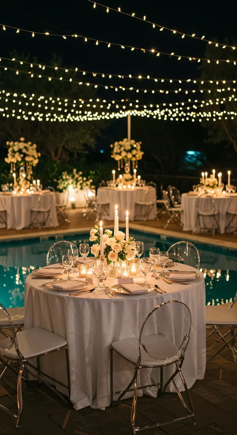 Tables rondes blanches avec des fleurs et bougies au bord d'une piscine la nuit.