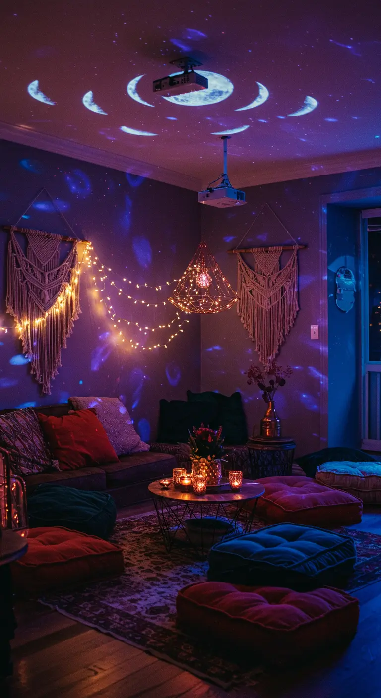 Salon bohème avec projections de lune au plafond, macramé et guirlandes lumineuses sur les murs.