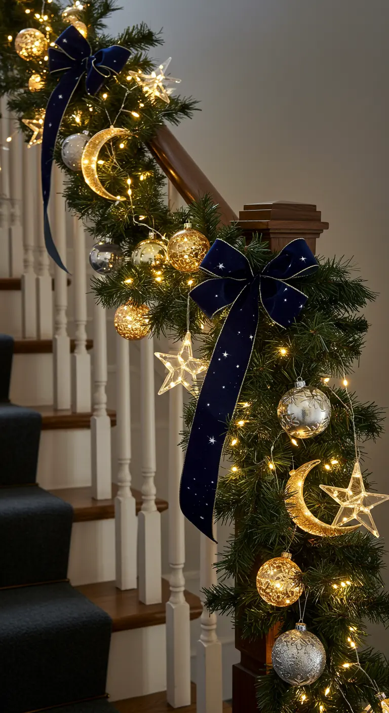 Guirlande de Noël avec ruban bleu nuit, étoiles, lunes et boules dorées et argentées.