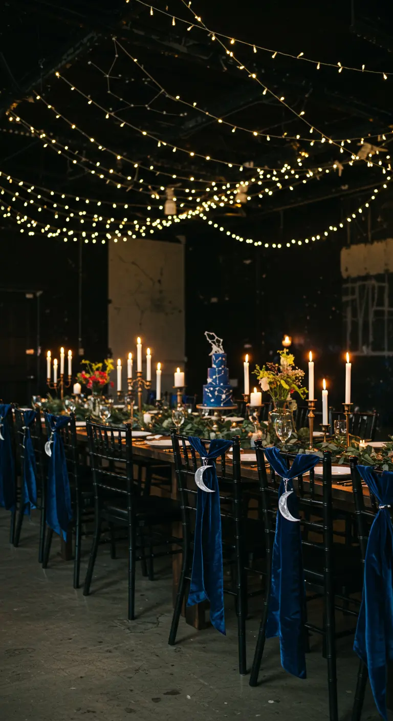 Chaises noires décorées de rubans de velours bleu et de charmes en forme de lune.