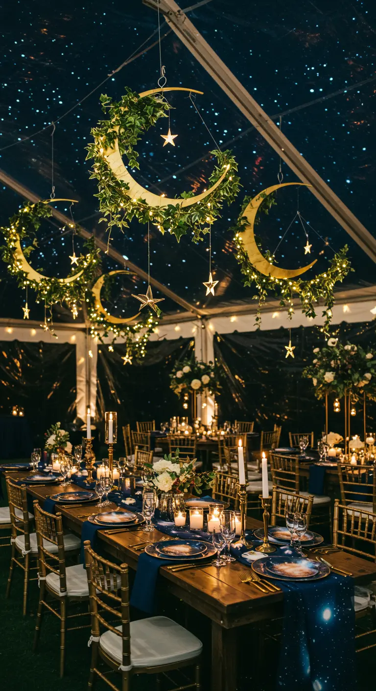 Décor de mariage sur le thème de la nuit avec des lunes dorées et des étoiles suspendues.