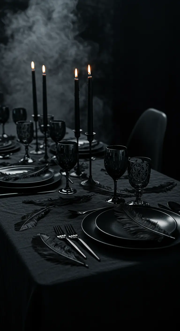 Table entièrement noire éclairée par des bougies, avec des plumes décoratives.