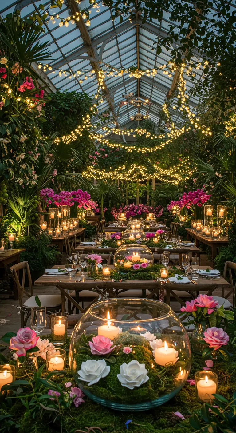 Tables de réception dans une serre luxuriante, décorées de grands vases ronds avec des fleurs et des bougies.