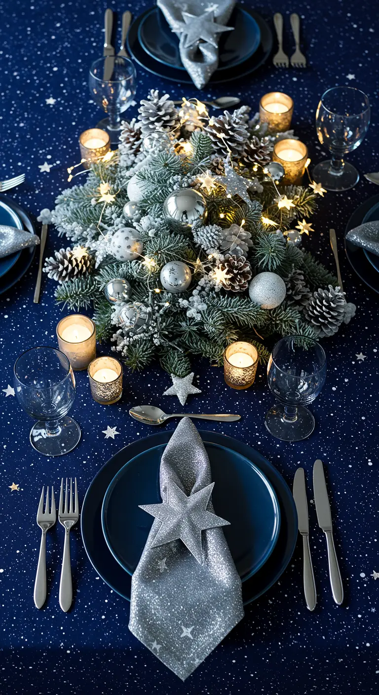 Table de fête bleu nuit avec un centre de table enneigé et des serviettes en étoile.