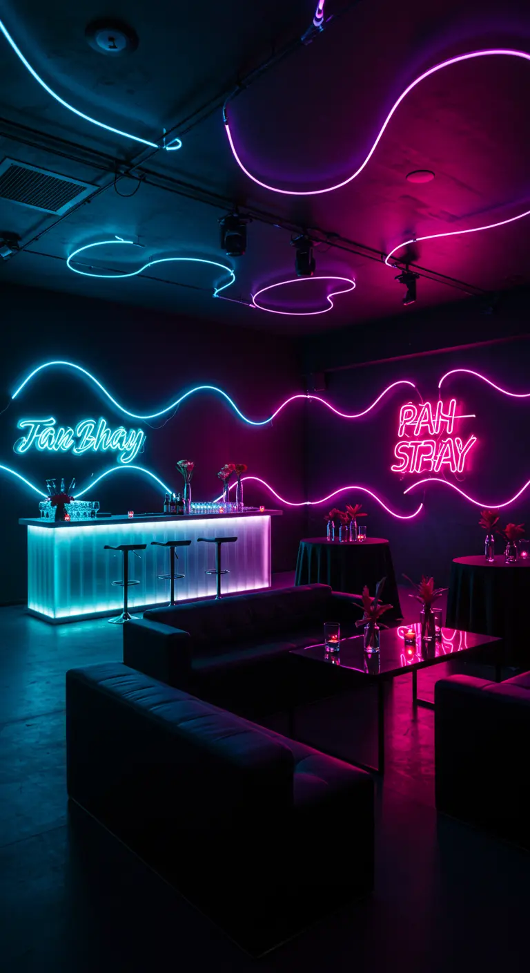 Bar sombre éclairé par des néons roses et bleus aux formes ondulées.