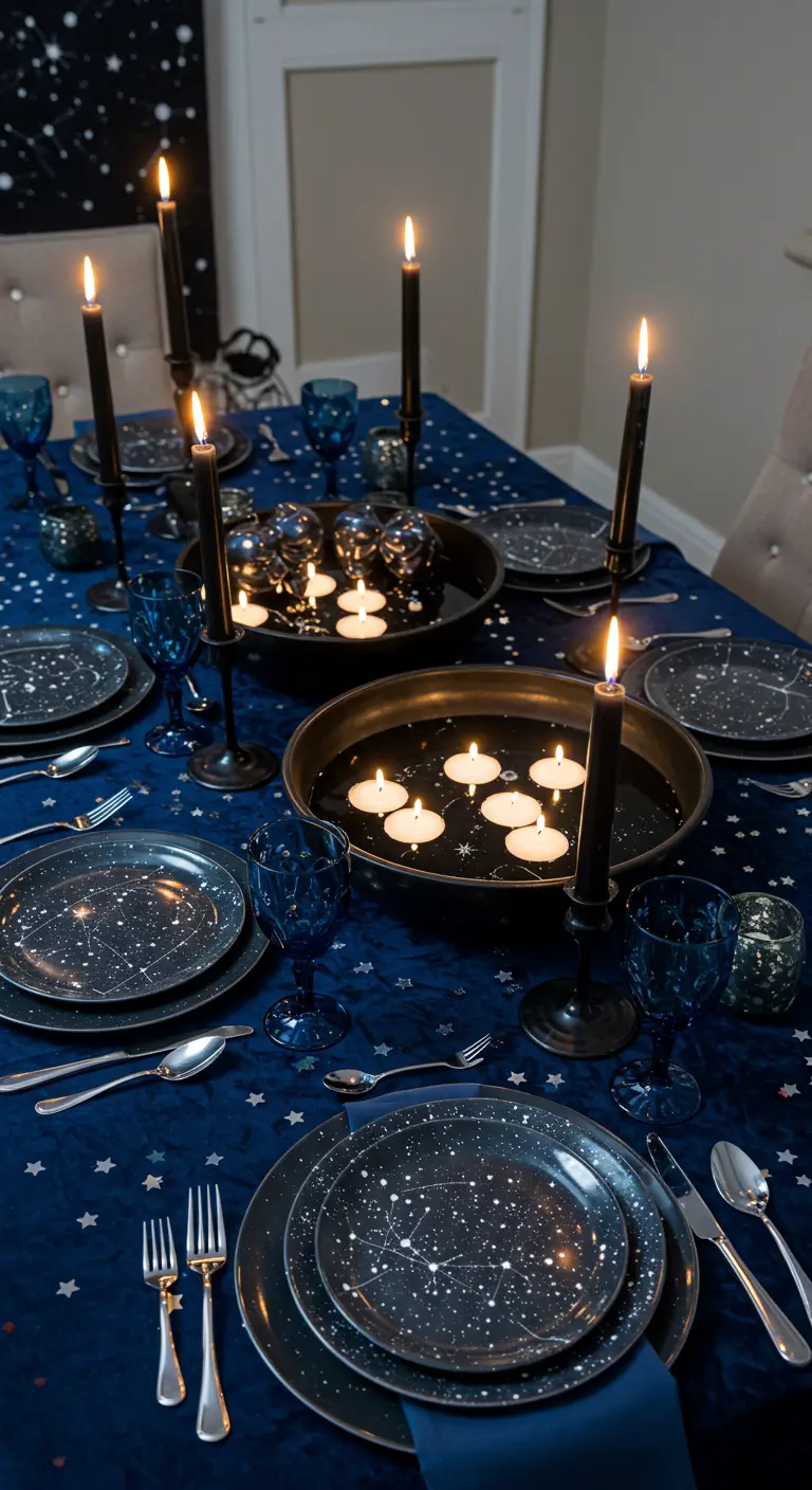 Table sur le thème des constellations avec des bougies flottantes.
